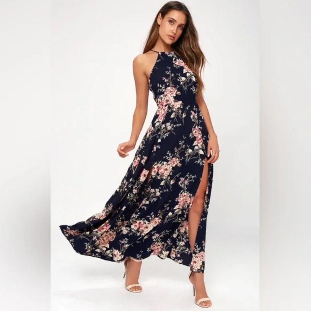 Lulus Feel the Music Navy Blue Floral Print Maxi Dress